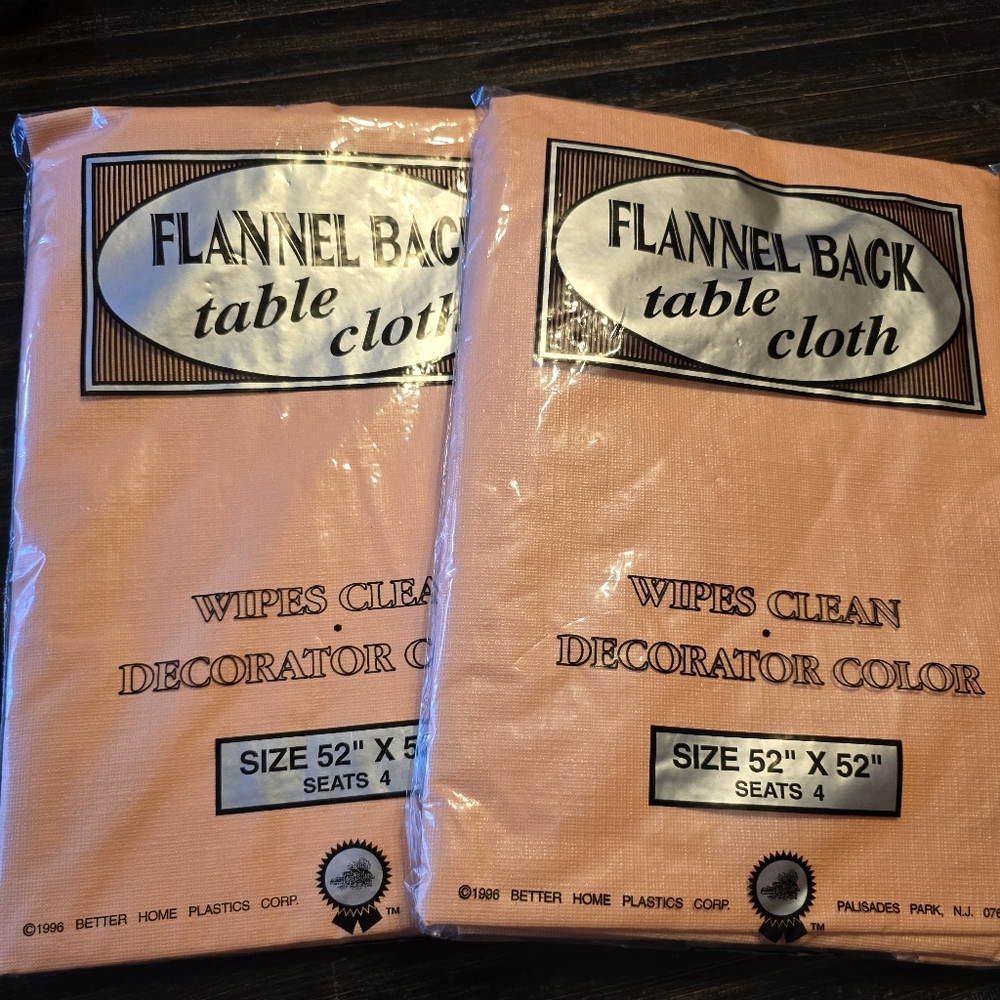 2 1996 flannel back Plastic tablecloth 52” x 52‘’ Green Wipes Clean NIP Picnic